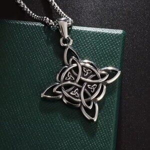 Necklace Celtic Knot Pendant w/Four Triquetra Knots Stainless Steel Irish Lore